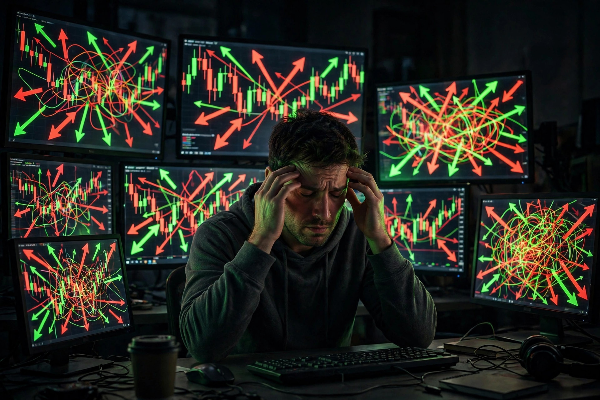 A confused trader surrounded by monitors full of conflicting buy and sell signals