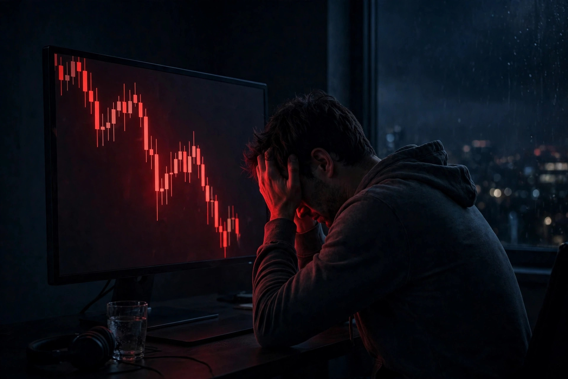A trader holding his head in despair in front of a crashing red chart
